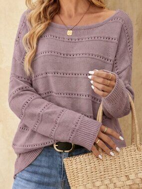 Dusty Pink Casual Women's Hollow Out Boat Neck Long Sleeve Sweater